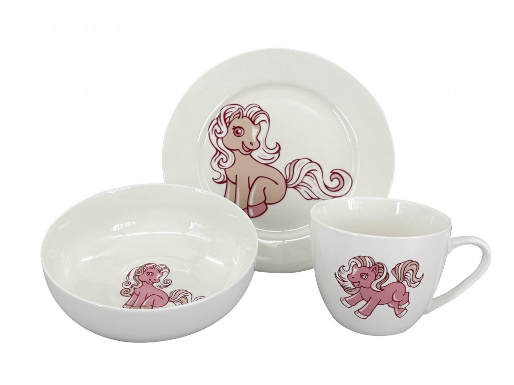 Dětský jídelní set PONY obsahuje misku, talíř a hrneček s růžovým poníkem varianta B